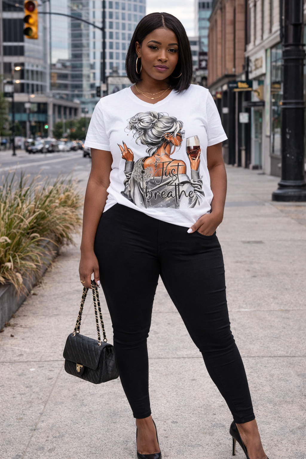 Women’s “Just Breathe” Graphic T-Shirt – Stylish Black Relaxation Tee